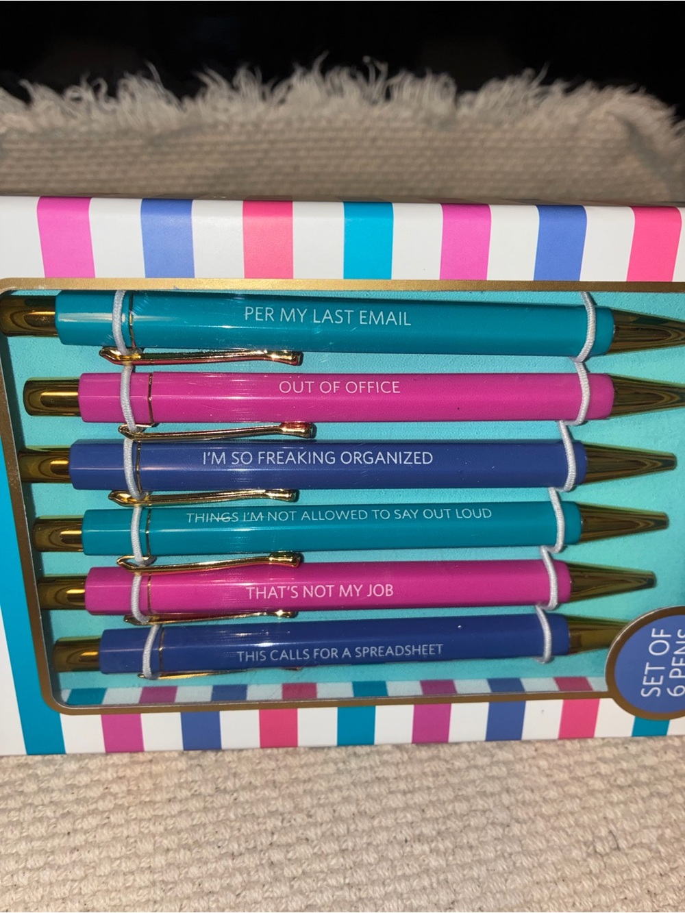 Set of 6 Motivational Office Pens in Teal, Blue & Pink - Gold Trim